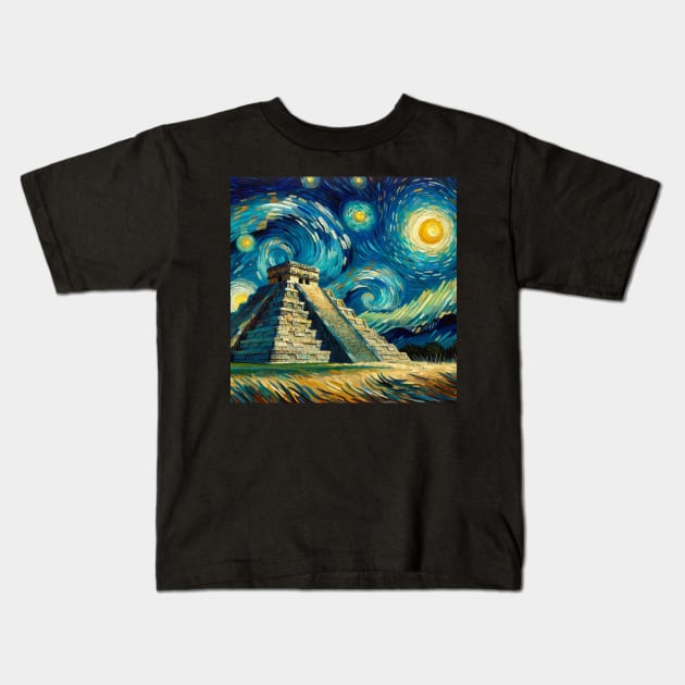 Chichen Itza Starry Night - Beautiful Iconic Places Kids T-Shirt by Edd Paint Something